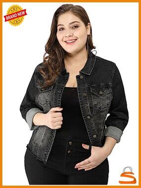 Women's Plus Size Washed Frayed Denim Jacket with Button Pockets